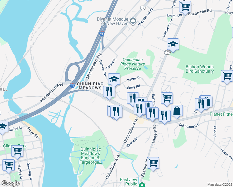 map of restaurants, bars, coffee shops, grocery stores, and more near 185 Barnes Avenue in New Haven