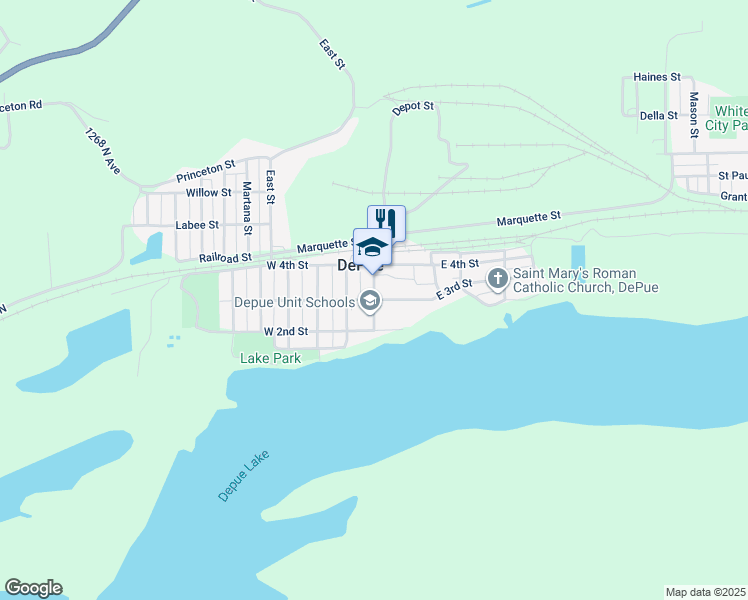 map of restaurants, bars, coffee shops, grocery stores, and more near Pleasant Street in DePue