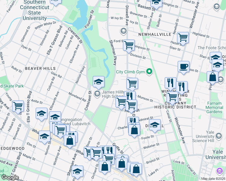 map of restaurants, bars, coffee shops, grocery stores, and more near 345 Munson Street in New Haven
