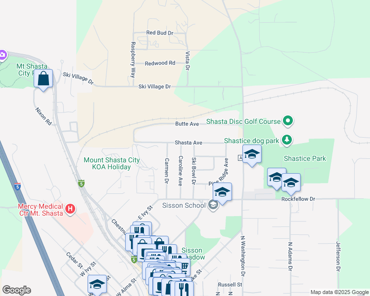 map of restaurants, bars, coffee shops, grocery stores, and more near 197 Shasta Avenue in Mount Shasta