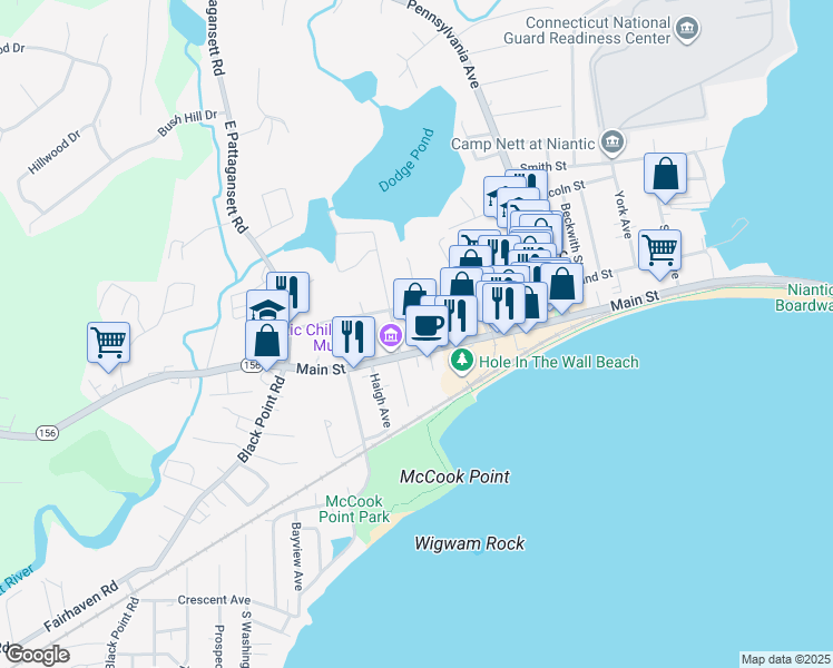 map of restaurants, bars, coffee shops, grocery stores, and more near 13 Lake Avenue in East Lyme