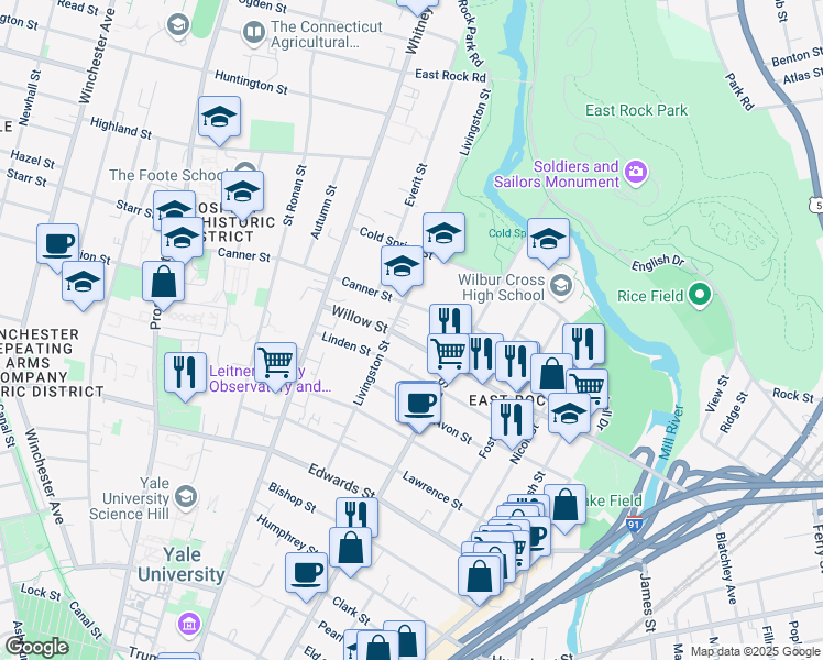 map of restaurants, bars, coffee shops, grocery stores, and more near 163 Livingston Street in New Haven
