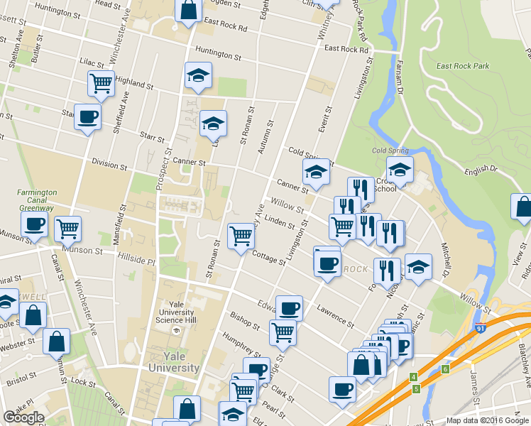 map of restaurants, bars, coffee shops, grocery stores, and more near 475 Whitney Avenue in New Haven