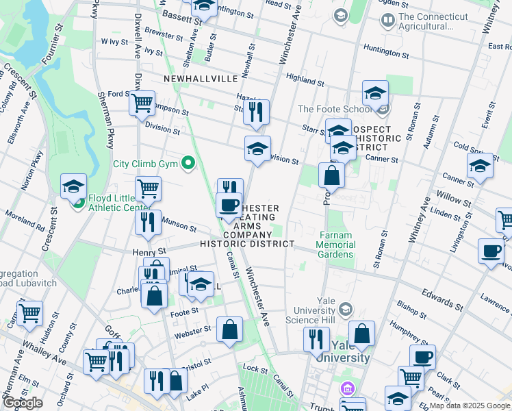 map of restaurants, bars, coffee shops, grocery stores, and more near 310 Winchester Avenue in New Haven