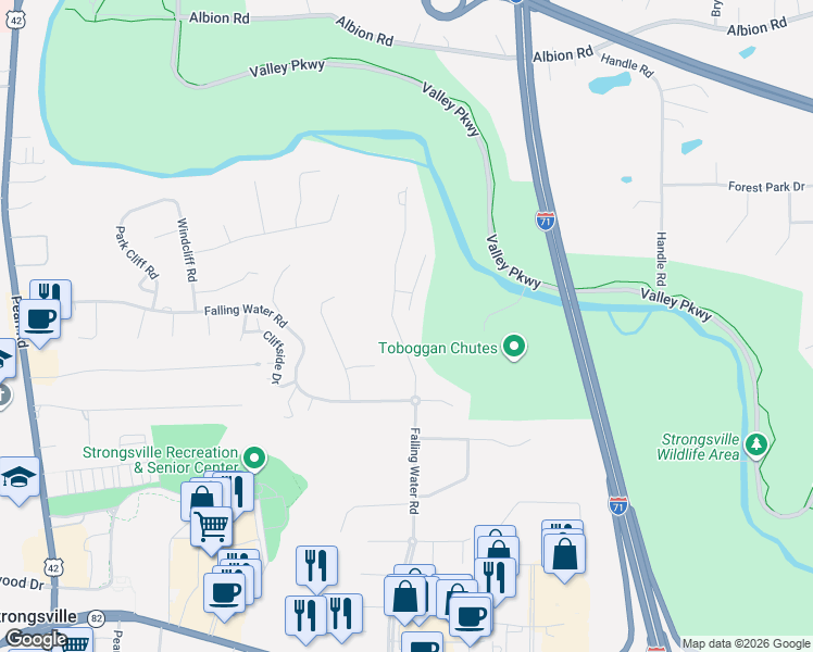 map of restaurants, bars, coffee shops, grocery stores, and more near 12264 The Bluffs in Strongsville