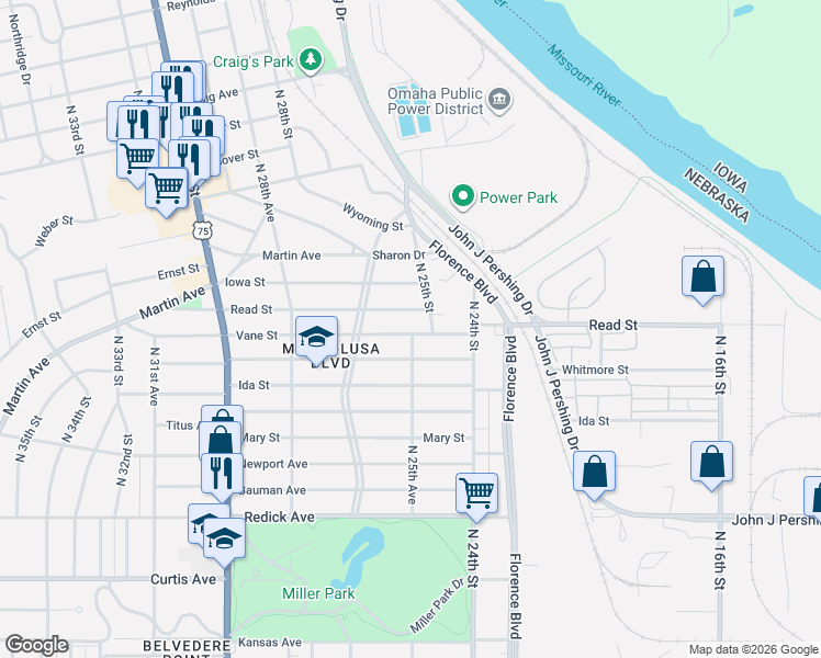 map of restaurants, bars, coffee shops, grocery stores, and more near 2505 Read Street in Omaha