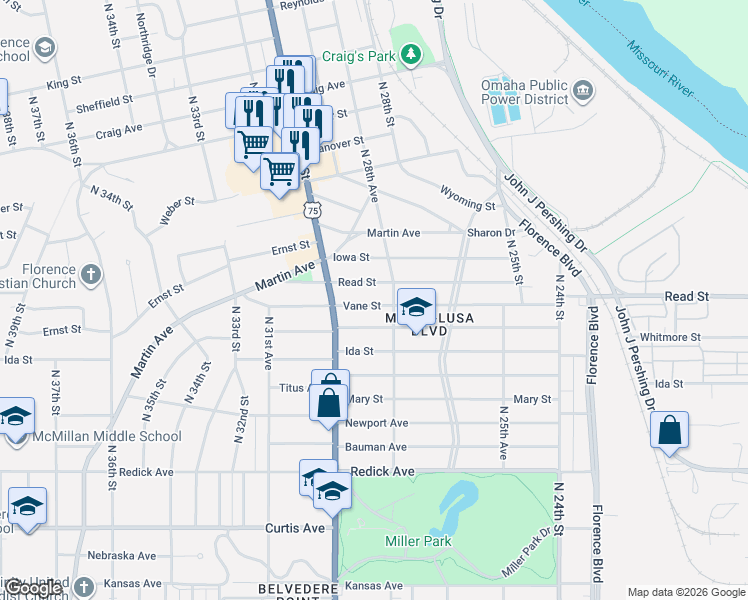 map of restaurants, bars, coffee shops, grocery stores, and more near 2867 Read Street in Omaha