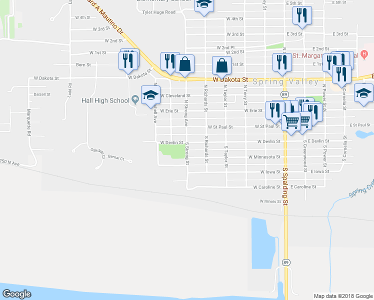 map of restaurants, bars, coffee shops, grocery stores, and more near 204 South Strong Street in Spring Valley