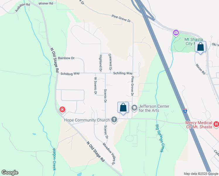 map of restaurants, bars, coffee shops, grocery stores, and more near 1312 Scenic Drive in Mount Shasta