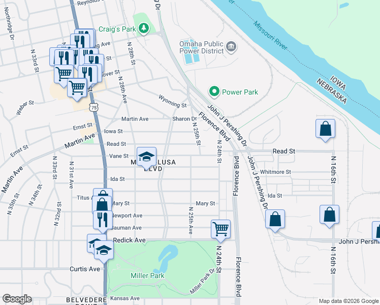 map of restaurants, bars, coffee shops, grocery stores, and more near 2505 Read Street in Omaha