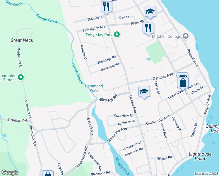 map of restaurants, bars, coffee shops, grocery stores, and more near 281 Gardner Avenue in New London