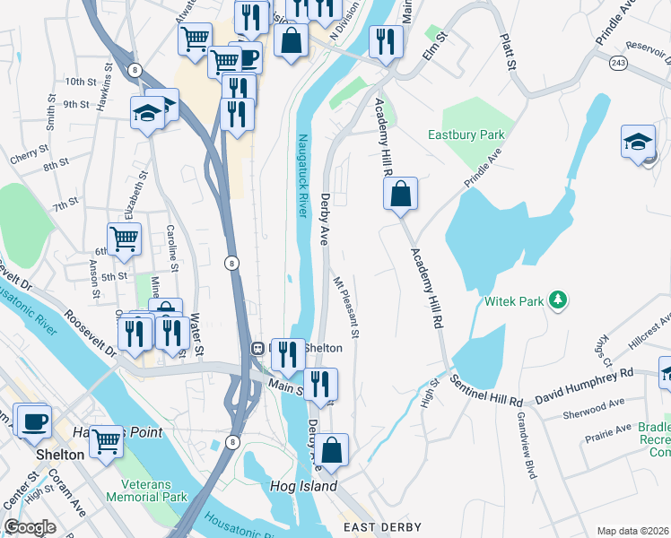map of restaurants, bars, coffee shops, grocery stores, and more near 8 Mount Pleasant Street in Derby