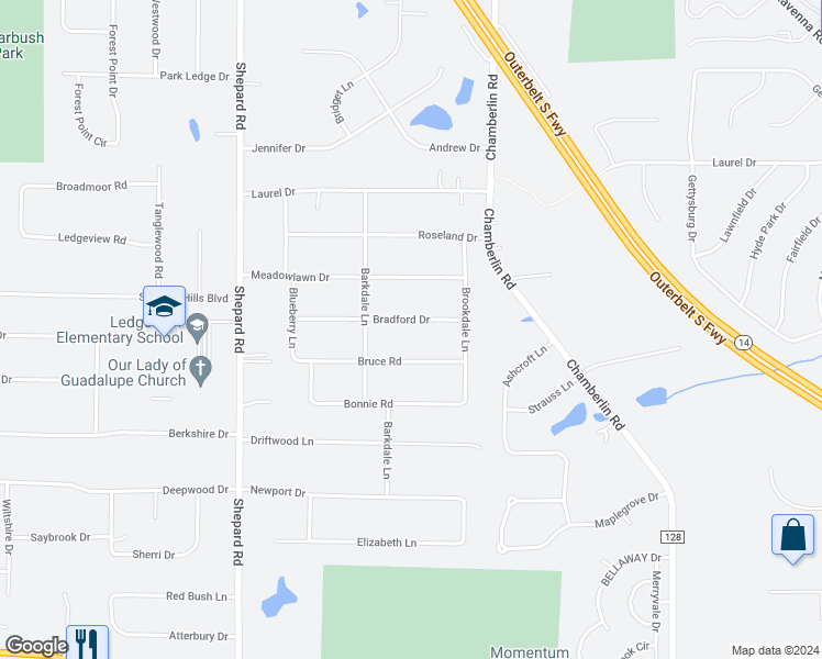 map of restaurants, bars, coffee shops, grocery stores, and more near 1532 Bradford Drive in Macedonia