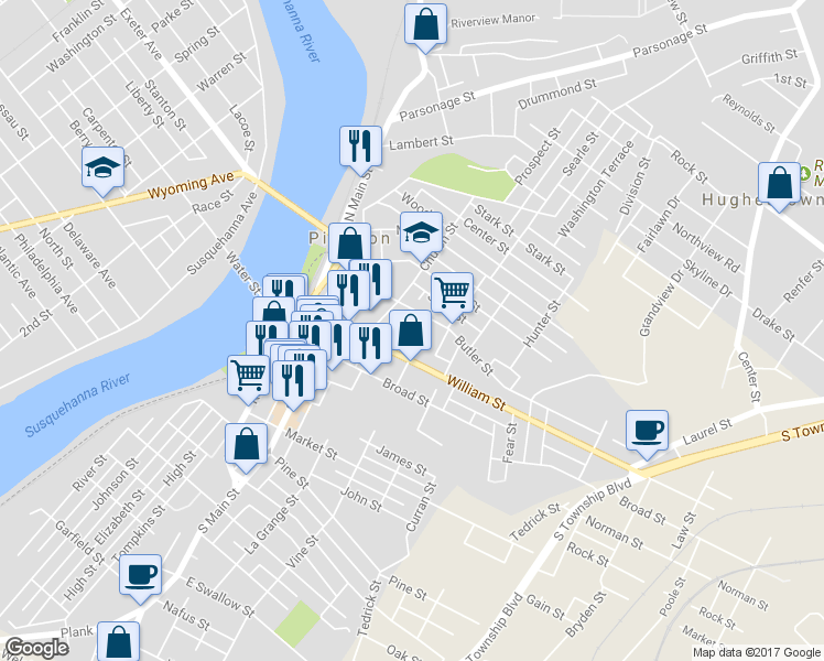 map of restaurants, bars, coffee shops, grocery stores, and more near 51 Church Street in Pittston