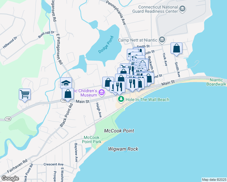 map of restaurants, bars, coffee shops, grocery stores, and more near 335 Main Street in East Lyme