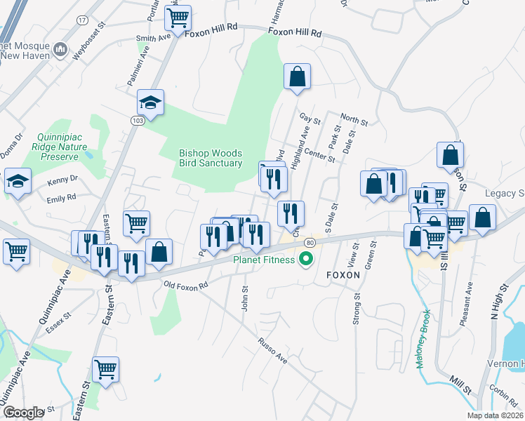 map of restaurants, bars, coffee shops, grocery stores, and more near 90 Foxon Boulevard in East Haven