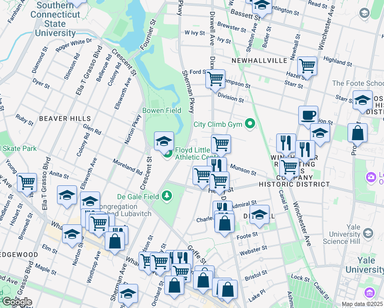 map of restaurants, bars, coffee shops, grocery stores, and more near 517 Sherman Parkway in New Haven