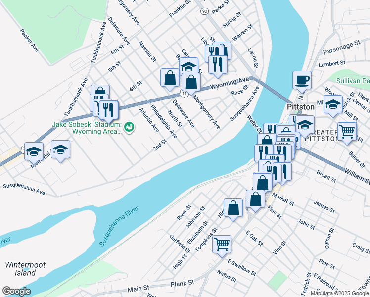 map of restaurants, bars, coffee shops, grocery stores, and more near 10 Philadelphia Avenue in Luzerne County