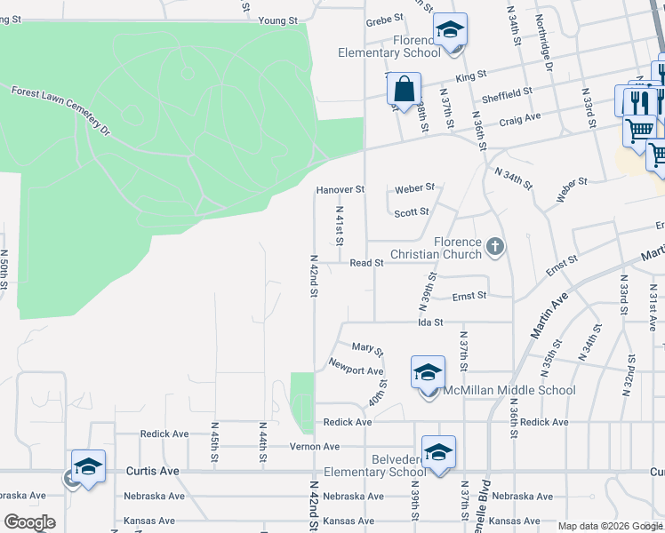 map of restaurants, bars, coffee shops, grocery stores, and more near 7201 North 41st Street in Omaha