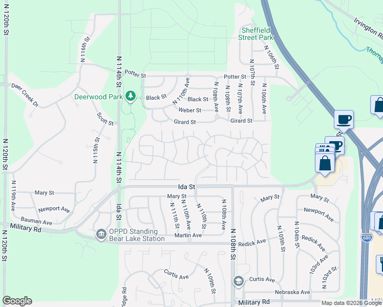 map of restaurants, bars, coffee shops, grocery stores, and more near 334 North 111th Plaza in Omaha