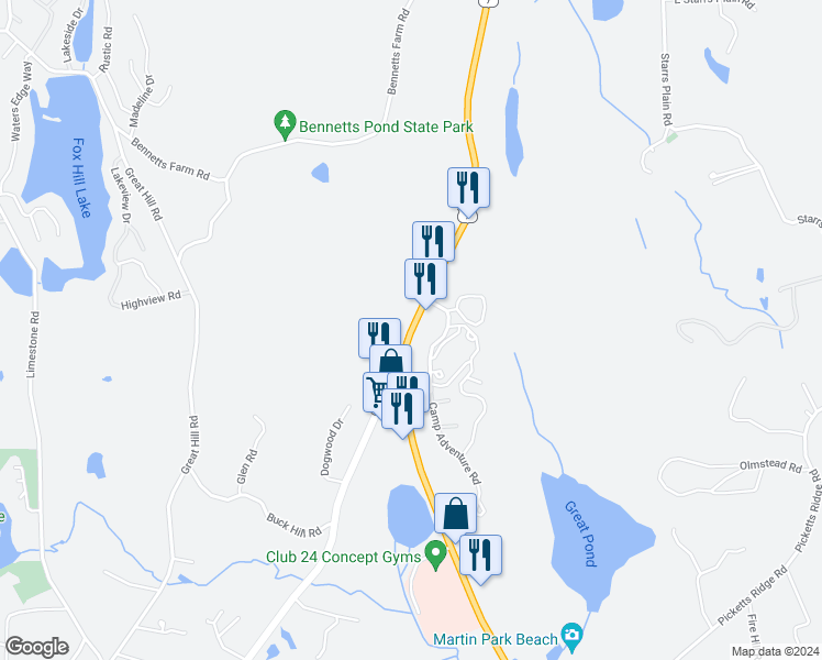map of restaurants, bars, coffee shops, grocery stores, and more near 633 Danbury Road in Ridgefield