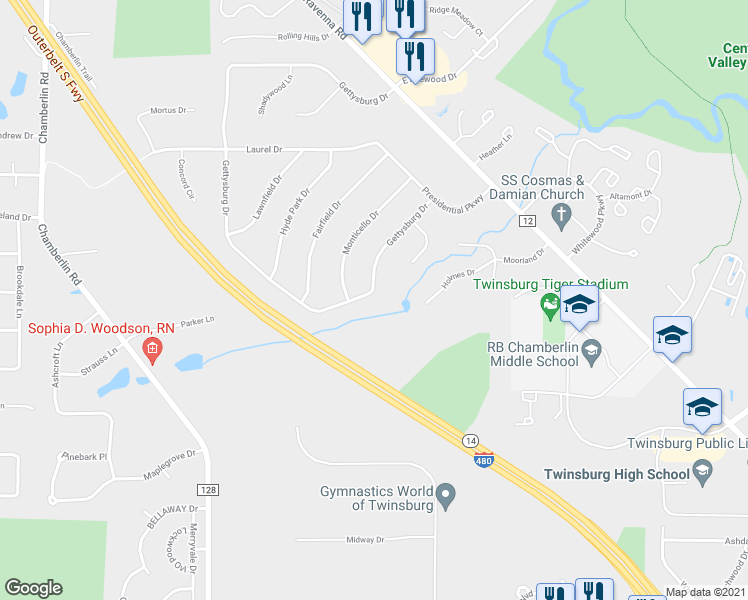 map of restaurants, bars, coffee shops, grocery stores, and more near 9309 Gettysburg Drive in Twinsburg