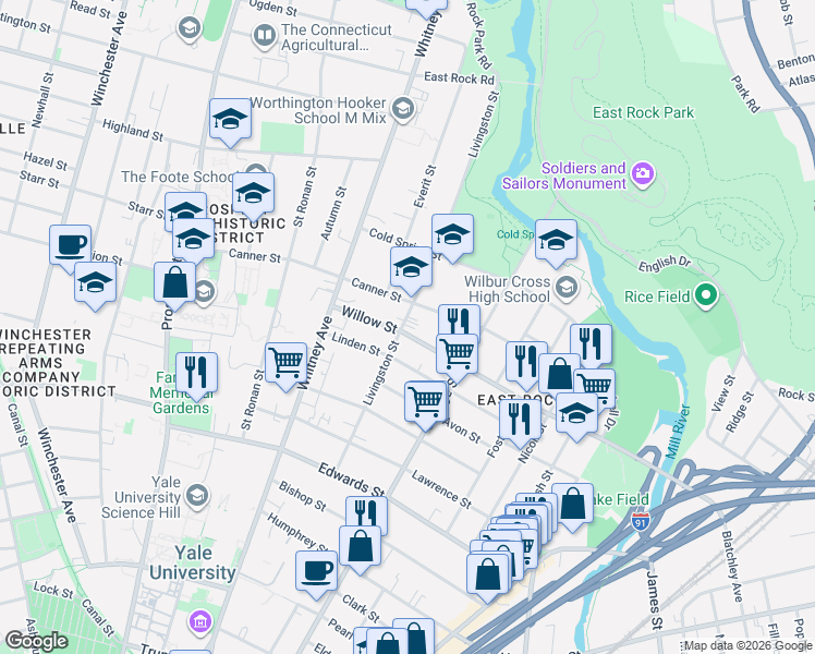map of restaurants, bars, coffee shops, grocery stores, and more near 163 Livingston Street in New Haven