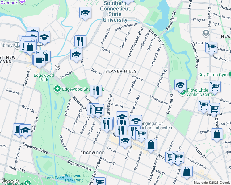 map of restaurants, bars, coffee shops, grocery stores, and more near 1631 Ella T Grasso Boulevard in New Haven