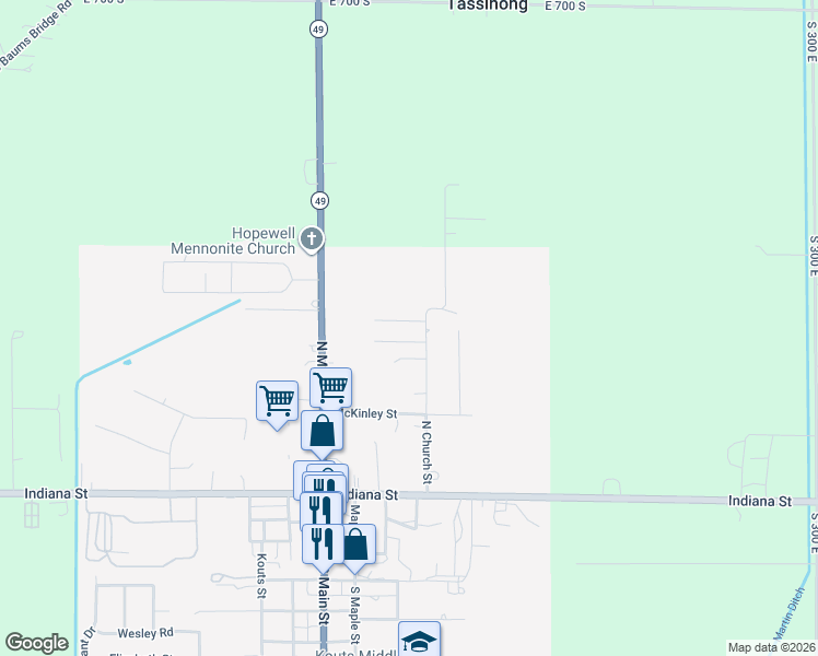 map of restaurants, bars, coffee shops, grocery stores, and more near 201-399 Melody Ln in Kouts