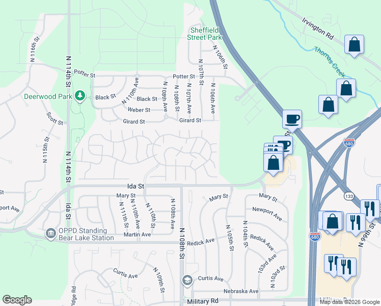 map of restaurants, bars, coffee shops, grocery stores, and more near 108 107th Court in Omaha