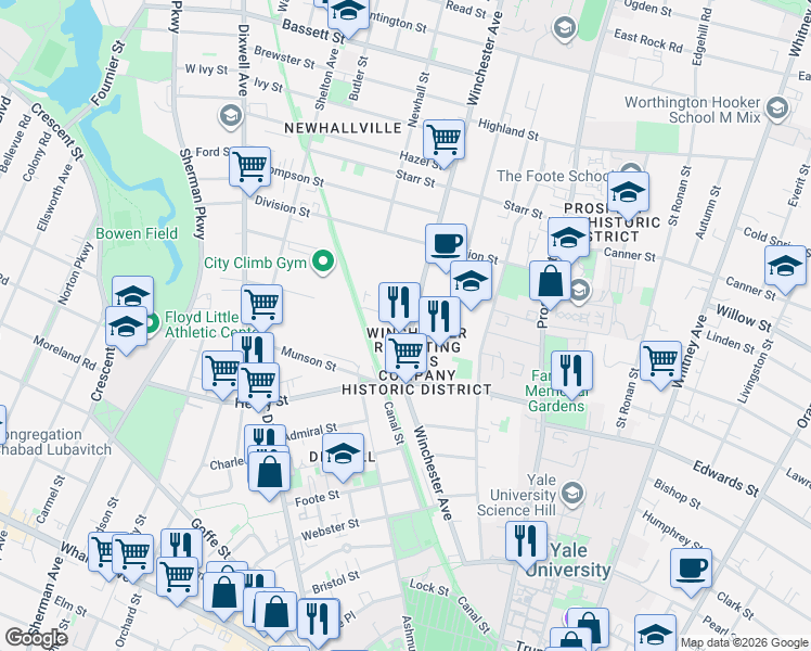 map of restaurants, bars, coffee shops, grocery stores, and more near 310 Winchester Avenue in New Haven