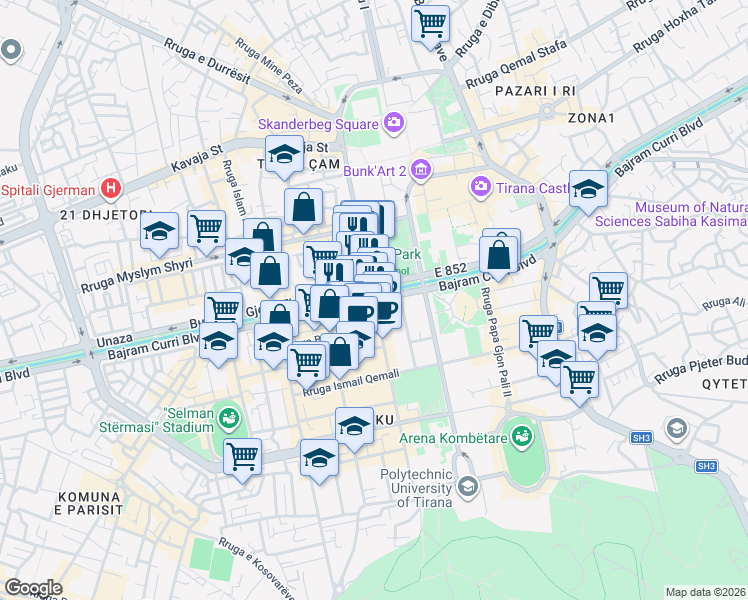 map of restaurants, bars, coffee shops, grocery stores, and more near Bulevardi Bajram Curri in Tirana