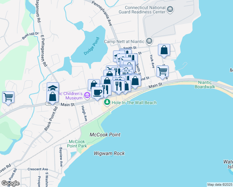 map of restaurants, bars, coffee shops, grocery stores, and more near 301 Main Street in East Lyme