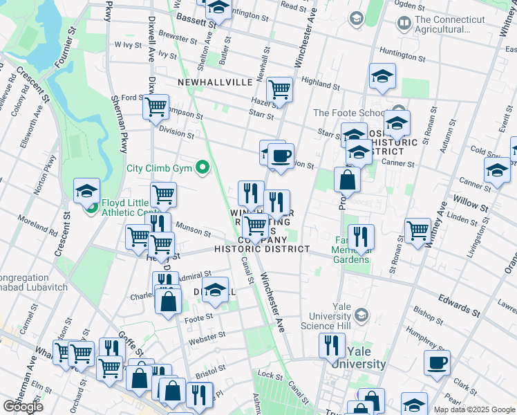 map of restaurants, bars, coffee shops, grocery stores, and more near 310 Winchester Avenue in New Haven