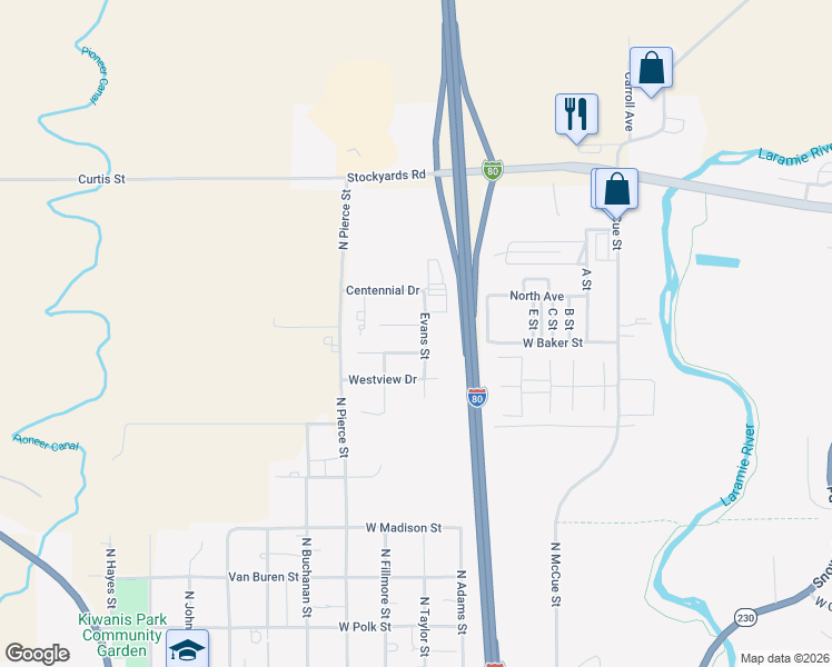map of restaurants, bars, coffee shops, grocery stores, and more near 1654 Irma Court in Laramie