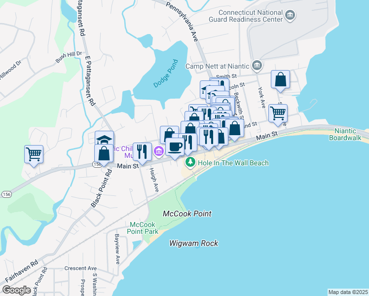 map of restaurants, bars, coffee shops, grocery stores, and more near 335 Main St in East Lyme