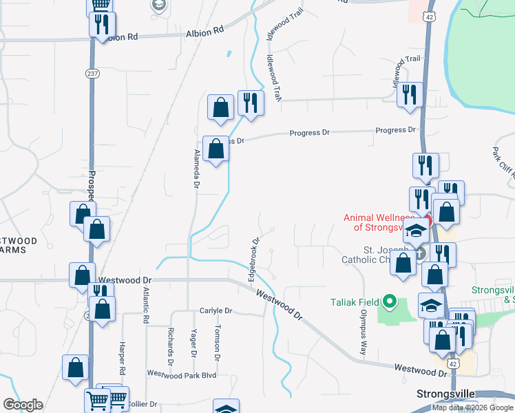 map of restaurants, bars, coffee shops, grocery stores, and more near 12066 Edgehill Oval in Strongsville