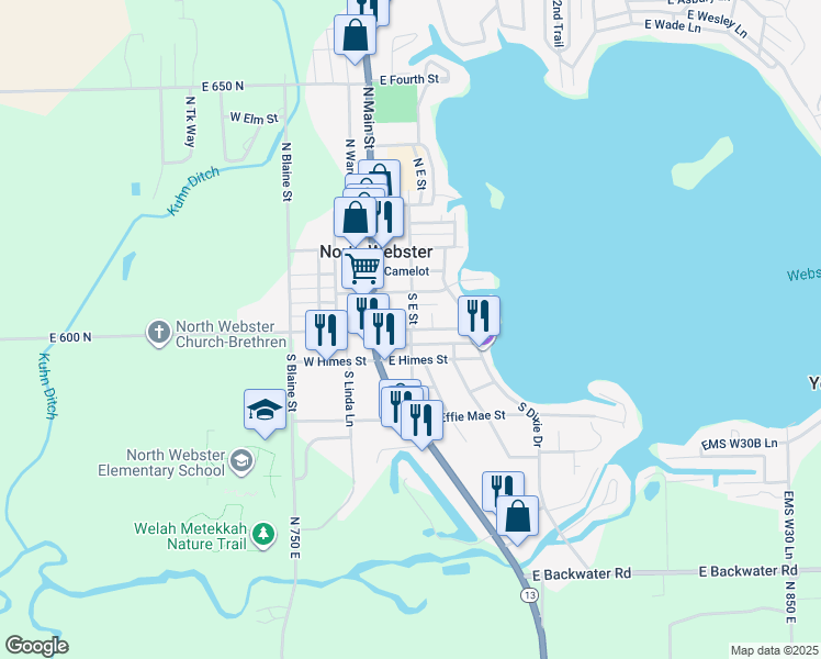 map of restaurants, bars, coffee shops, grocery stores, and more near South East Street in North Webster