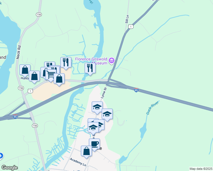 map of restaurants, bars, coffee shops, grocery stores, and more near 49 Lyme Street in Old Lyme