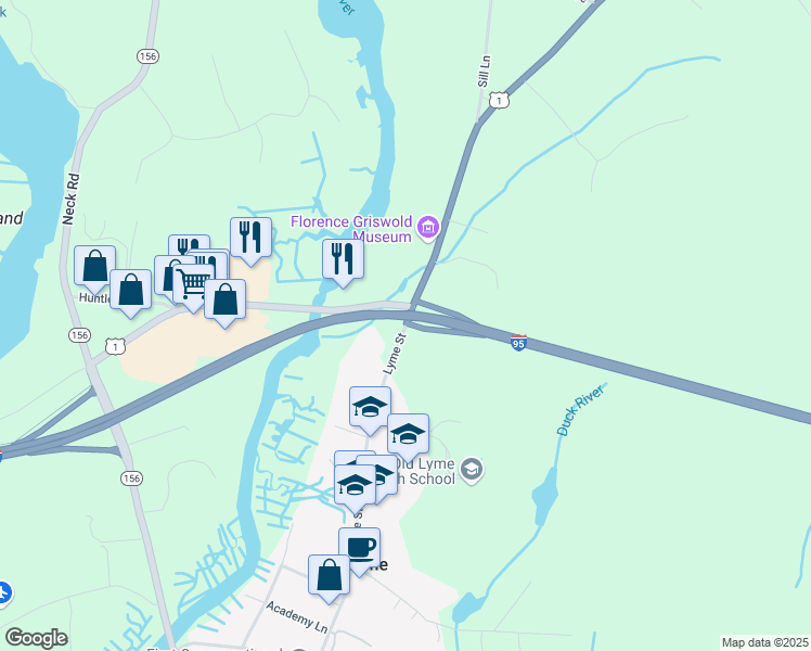 map of restaurants, bars, coffee shops, grocery stores, and more near 49 Lyme Street in Old Lyme