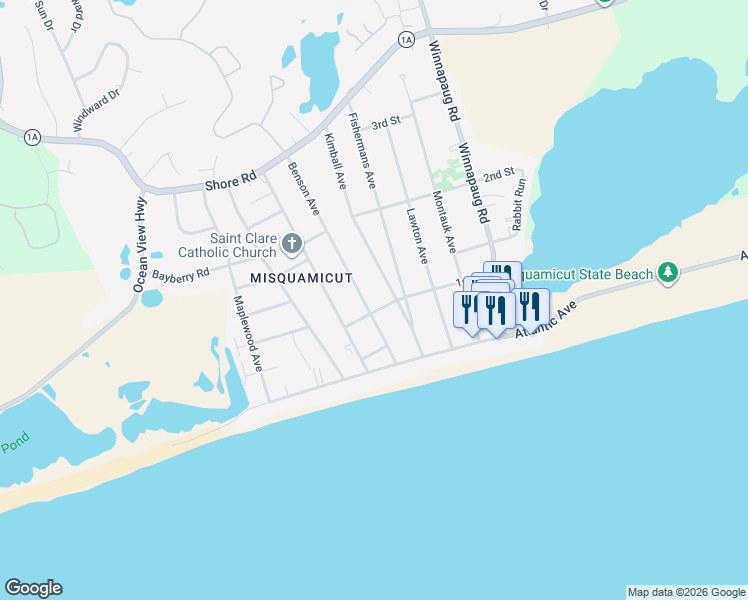 map of restaurants, bars, coffee shops, grocery stores, and more near 31 Benson Avenue in Westerly