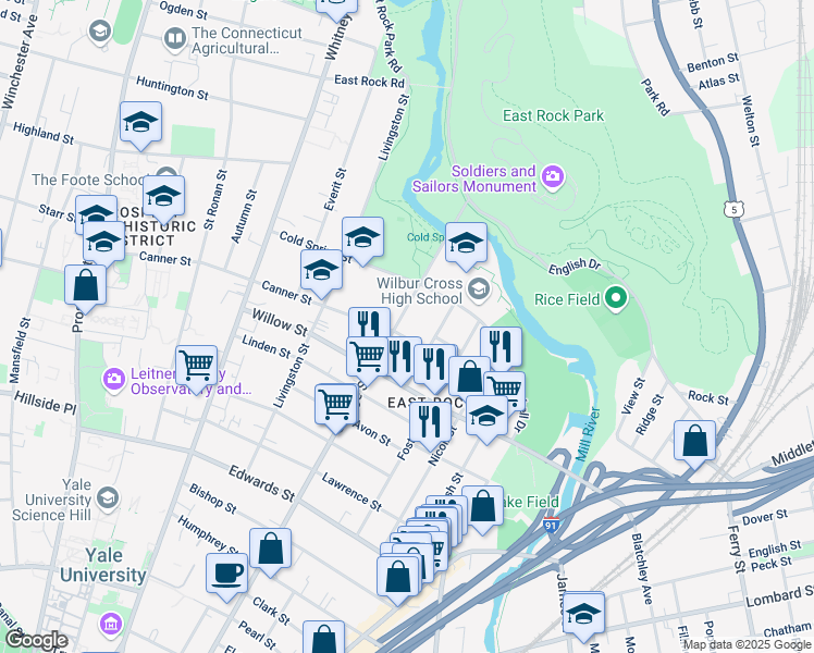 map of restaurants, bars, coffee shops, grocery stores, and more near 847 Orange Street in New Haven