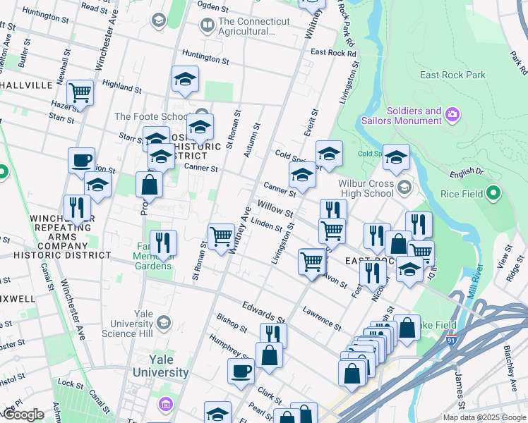 map of restaurants, bars, coffee shops, grocery stores, and more near 475 Whitney Avenue in New Haven