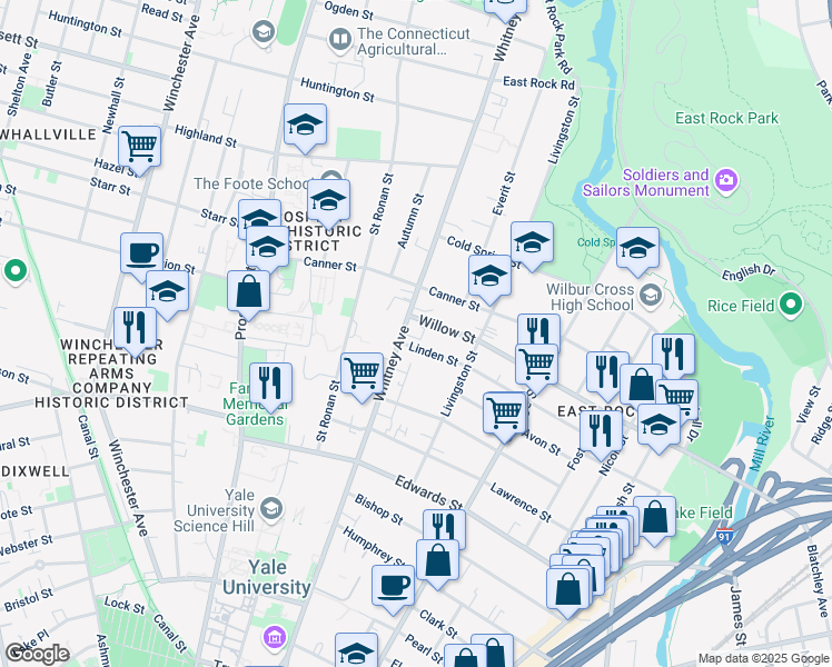 map of restaurants, bars, coffee shops, grocery stores, and more near 475 Whitney Avenue in New Haven