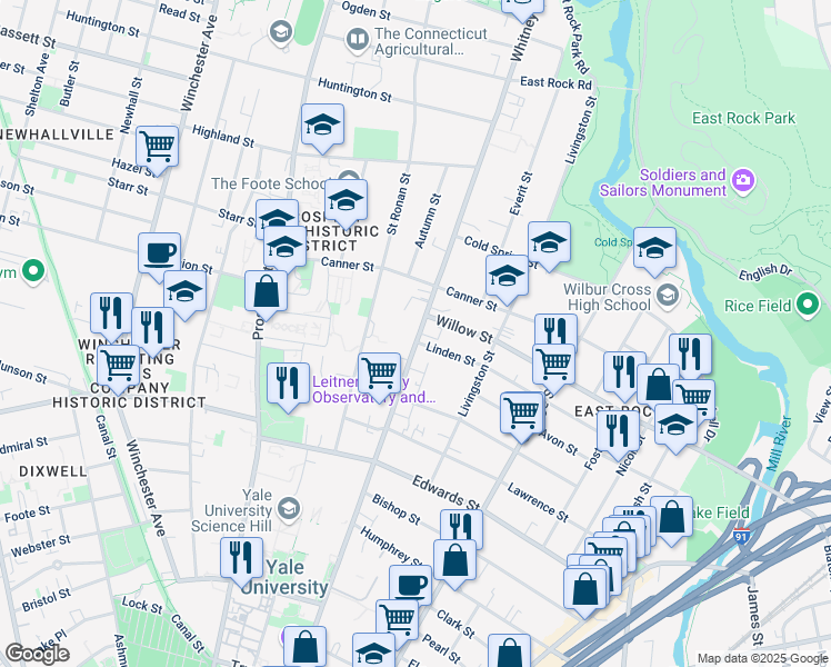 map of restaurants, bars, coffee shops, grocery stores, and more near 305 Saint Ronan Street in New Haven