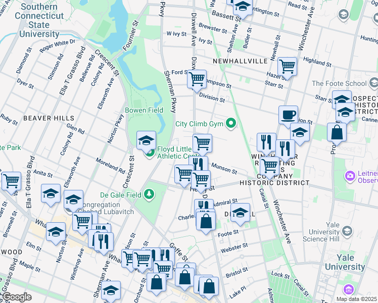 map of restaurants, bars, coffee shops, grocery stores, and more near 525 Sherman Parkway in New Haven