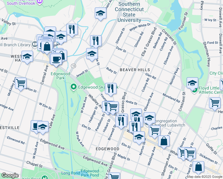 map of restaurants, bars, coffee shops, grocery stores, and more near 71 Osborn Avenue in New Haven