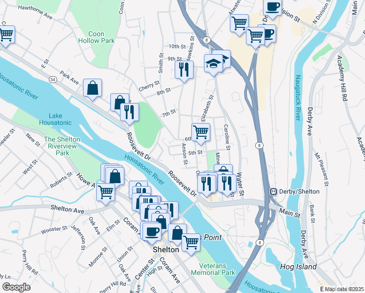 map of restaurants, bars, coffee shops, grocery stores, and more near 13 Lafayette Street in Derby