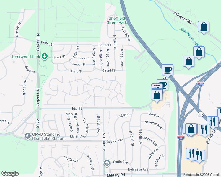 map of restaurants, bars, coffee shops, grocery stores, and more near 108 107th Court in Omaha