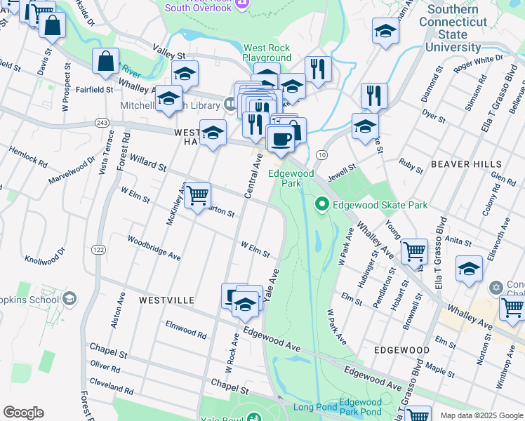 map of restaurants, bars, coffee shops, grocery stores, and more near 508 Yale Avenue in New Haven